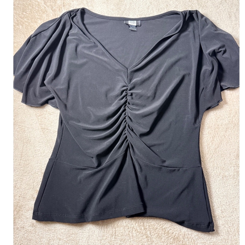 Studio 1940 Womens Black V-Neck Ruched Flutter Sleeve Top Large Made in USA Y2K